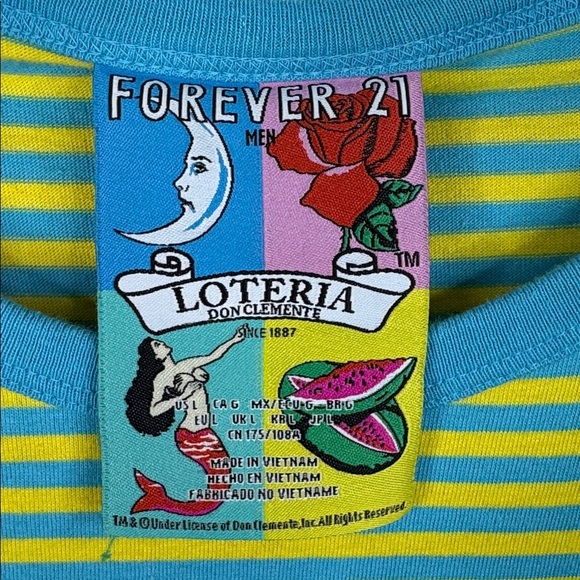 Forever 21 Shirt Mens Large Blue Yellow Loteria Don Clemente La Sandia Striped - Picture 4 of 5
